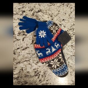 Cozy Knit Winter Hat and Gloves Set - Blue, Gray, White